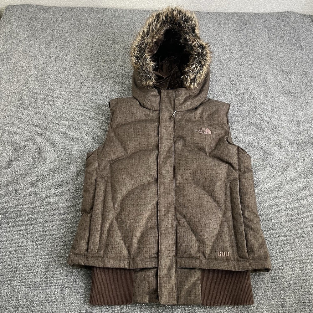 The North Face Prodigy 600 Down Puffer Faux Fur Trim Hooded Vest Medium Brown